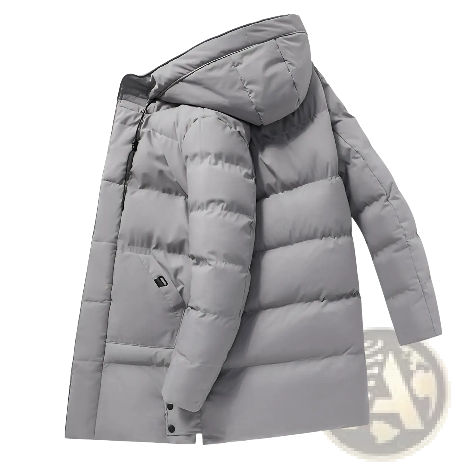 Men’s mid-length gray quilted puffer jacket with hood designed for winter cold weather protection