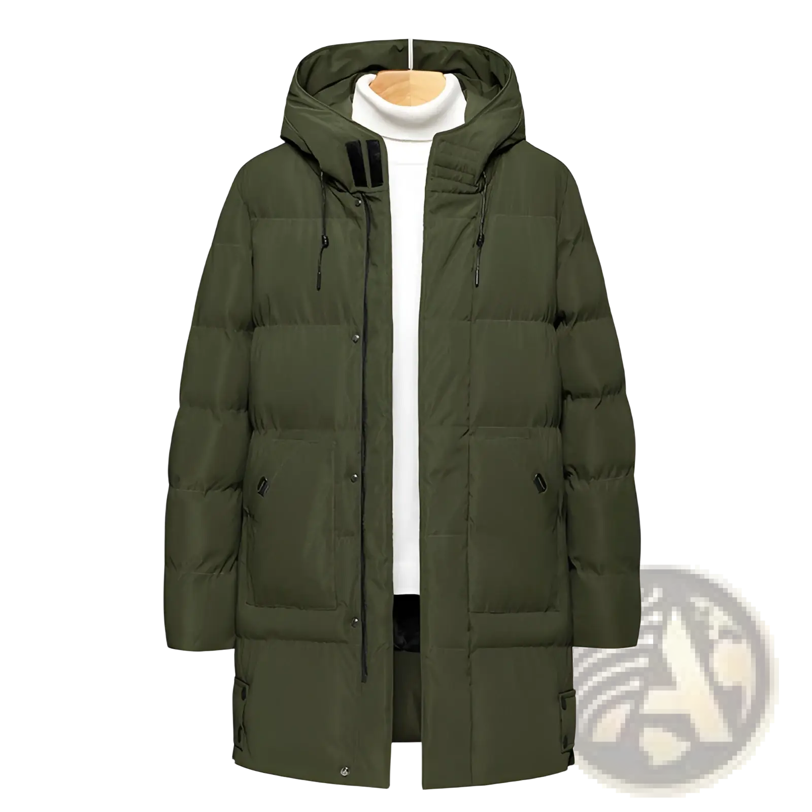 Men’s mid-length olive green quilted hooded winter puffer jacket with black zipper accents and front pockets