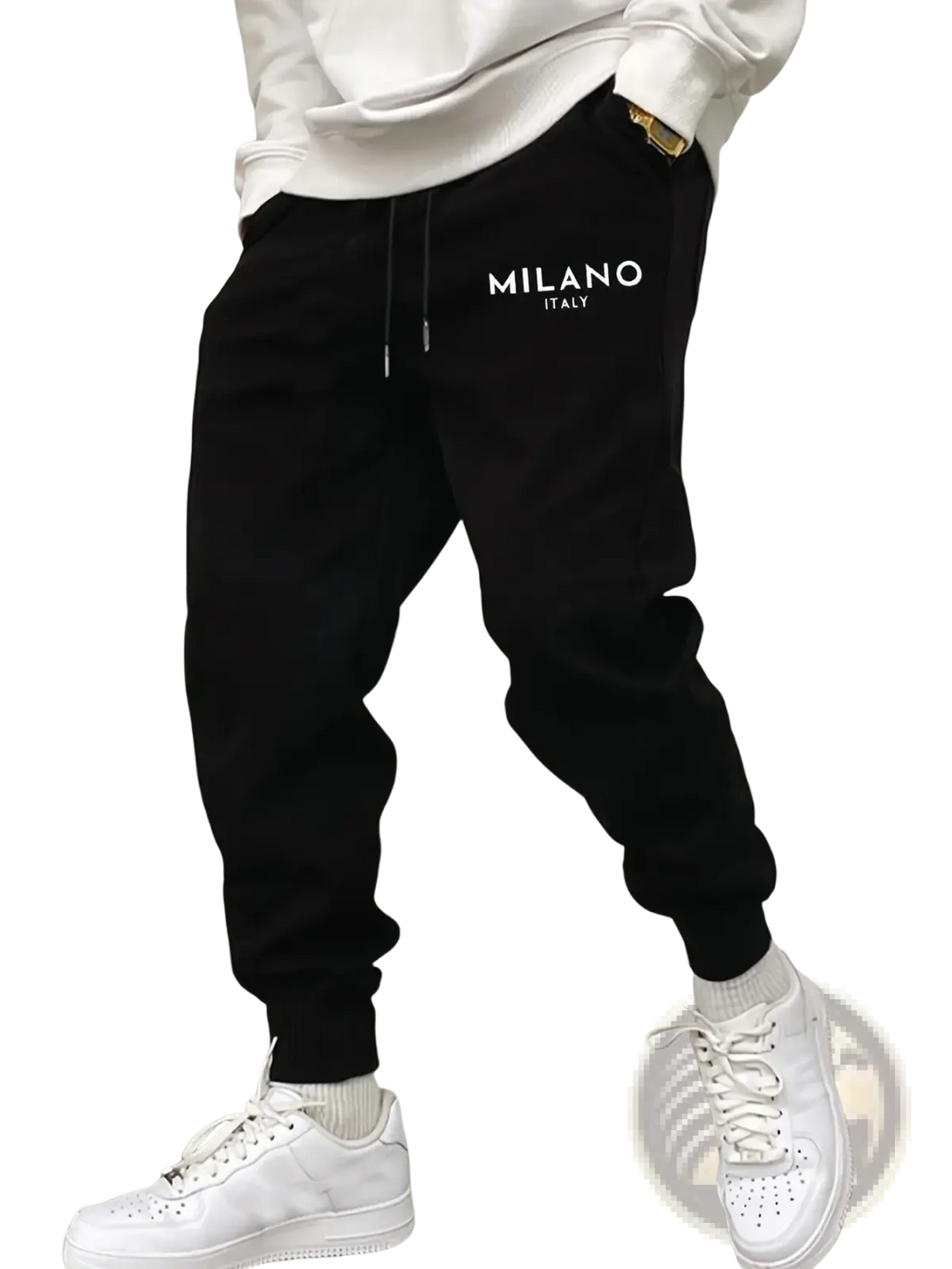 Men’s black fleece jogger pants with milano italy embroidered in white on the left thigh