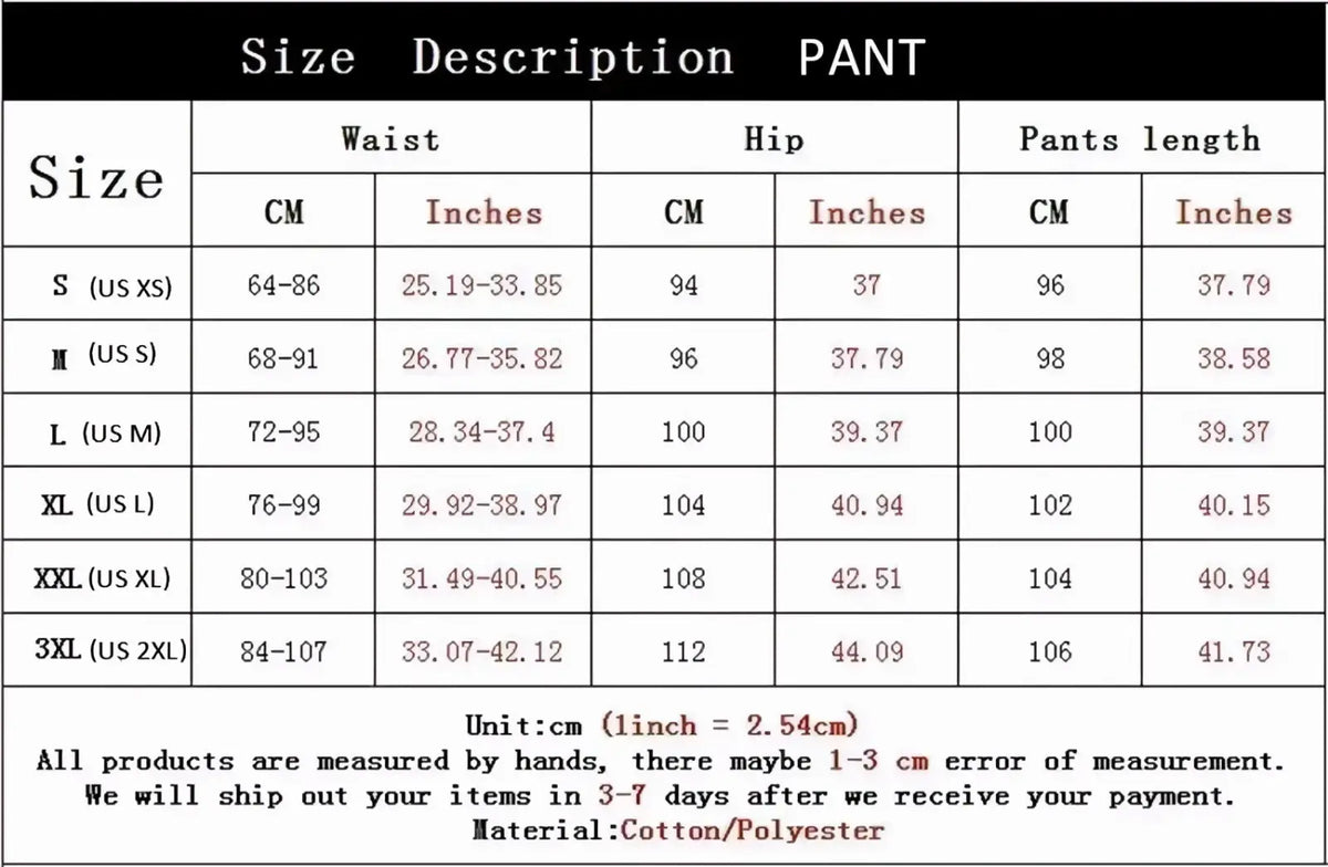 Men’s milano italy embroidered fleece jogger pants size chart showing cotton polyester measurements in cm and inches