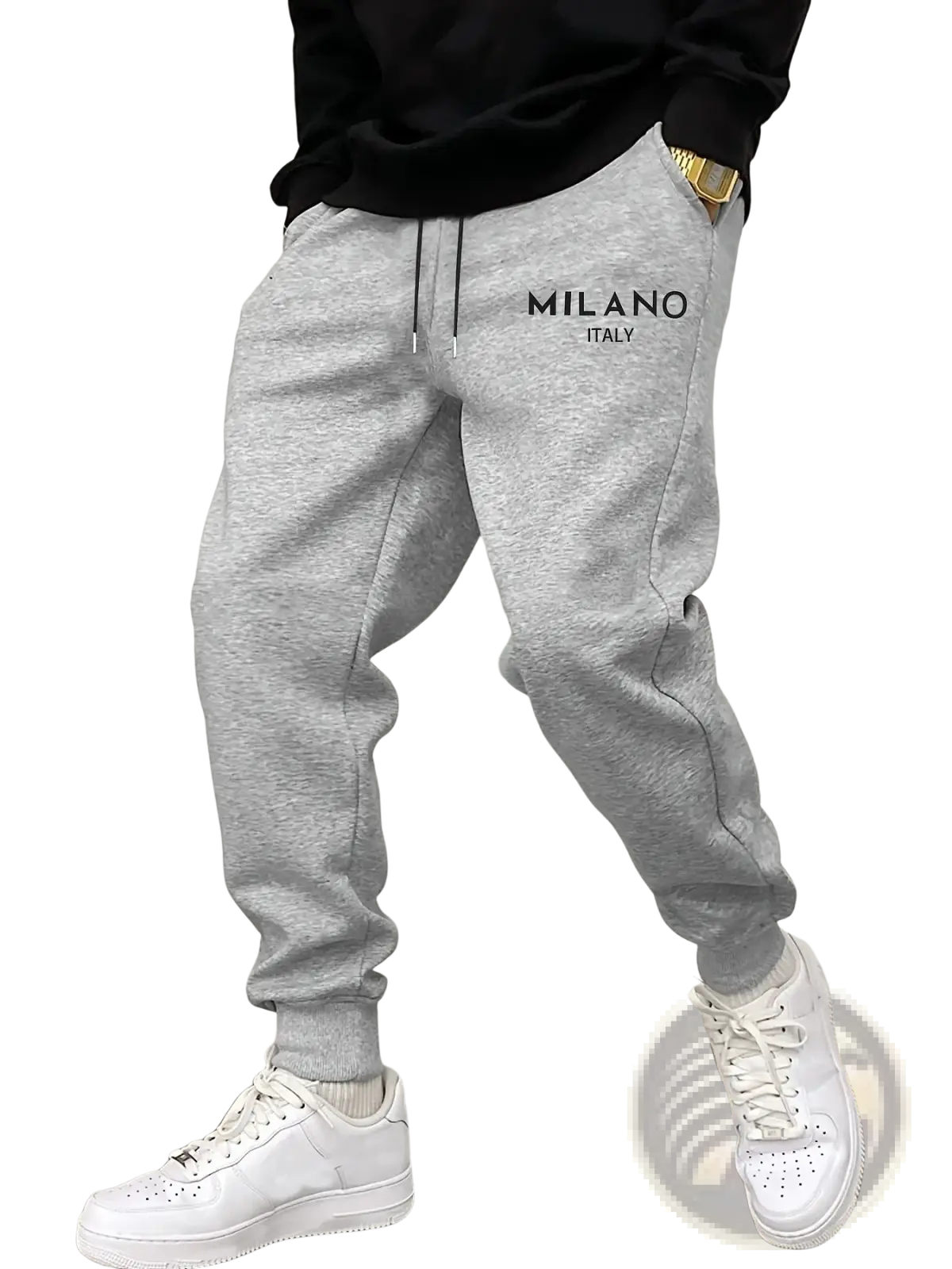 Men’s gray heathered fleece jogger pants with milano italy embroidered in black on the left thigh