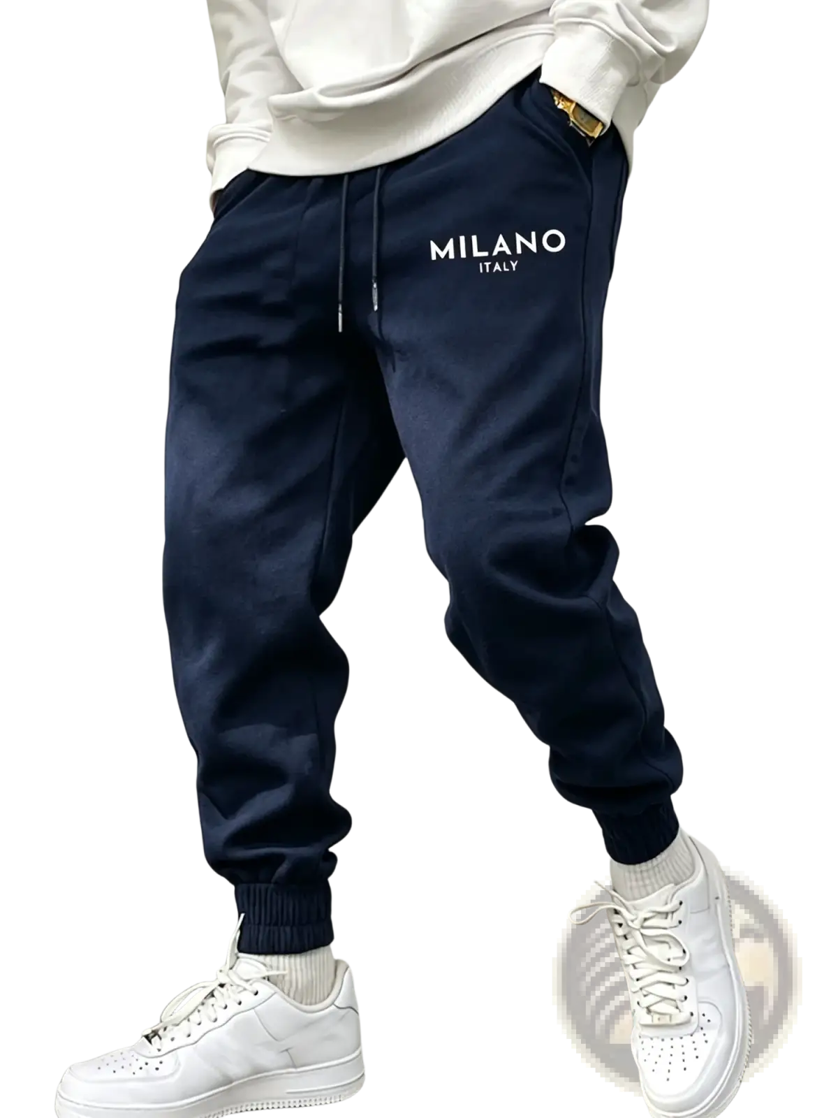 Men’s navy blue fleece jogger pants with milano italy embroidered in white on the left leg