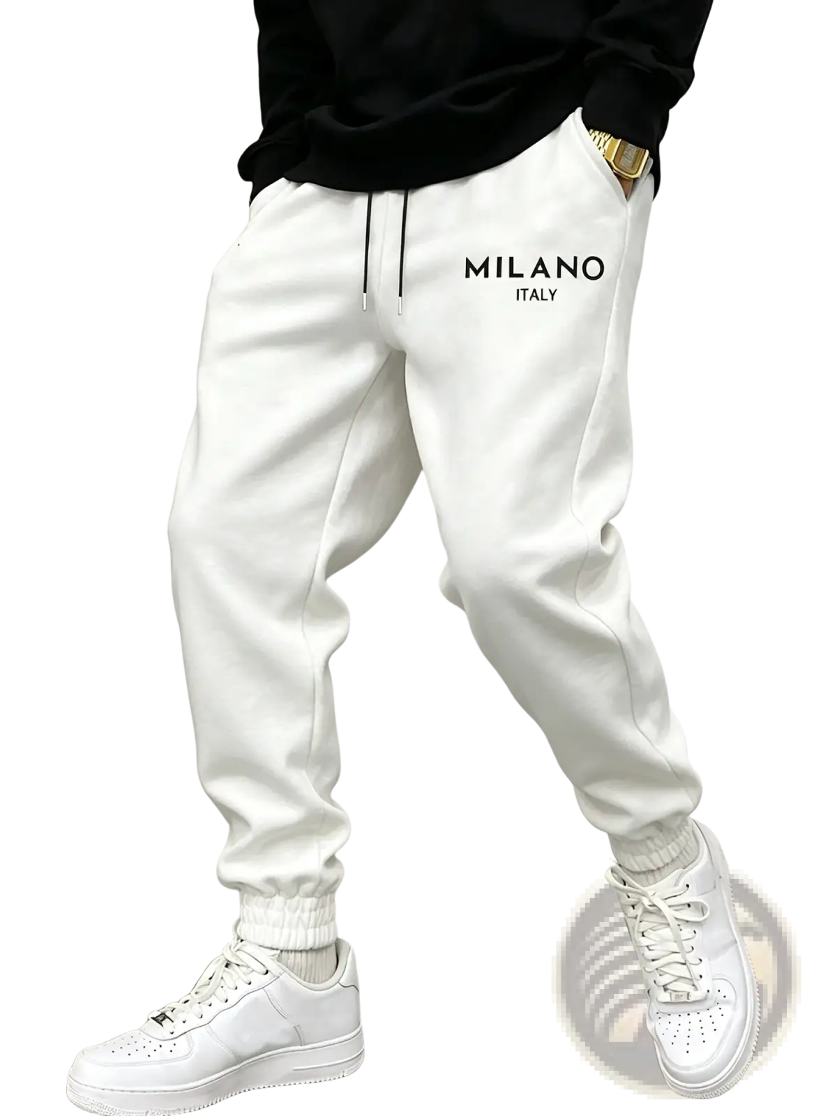 Men’s white fleece jogger pants with milano italy embroidery on left thigh drawstring waist and elastic cuffs