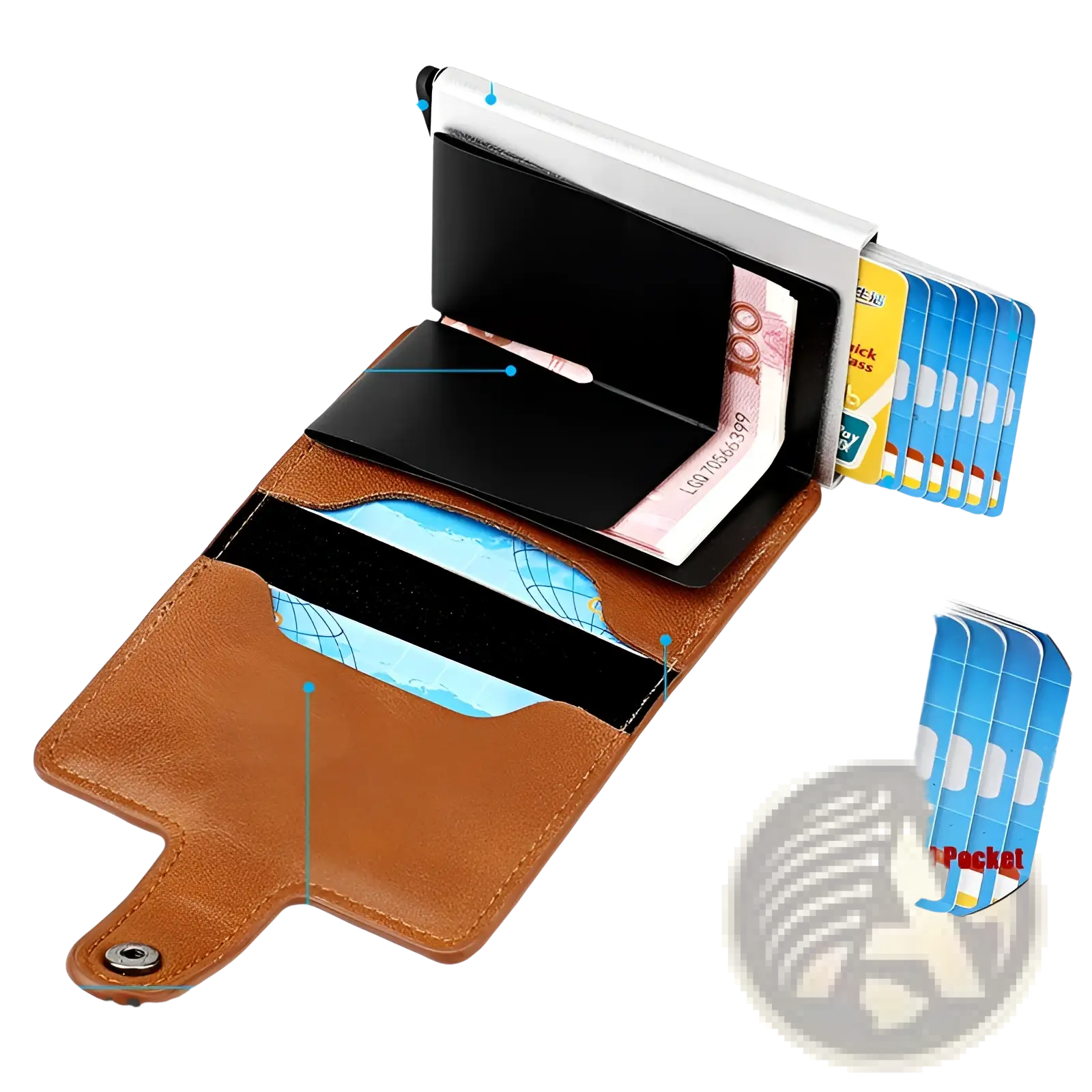 Men’s minimalist brown leather rfid wallet with hasp closure featuring a silver metal card slot and multiple card pockets