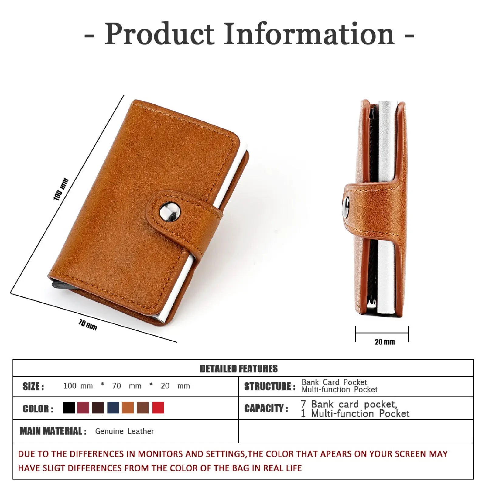 Men’s minimalist brown leather RFID wallet in genuine tan leather with silver-toned snap button hasp closure