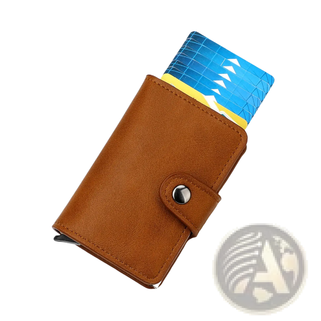 Men’s minimalist brown leather rfid wallet with silver-toned snap button hasp closure shown from the back side