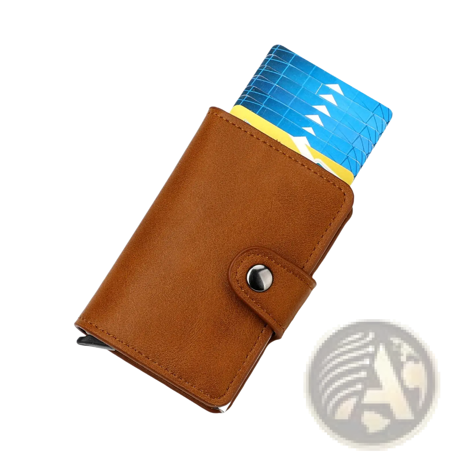 Men’s minimalist brown leather rfid wallet with silver-toned snap button hasp closure shown from the back side