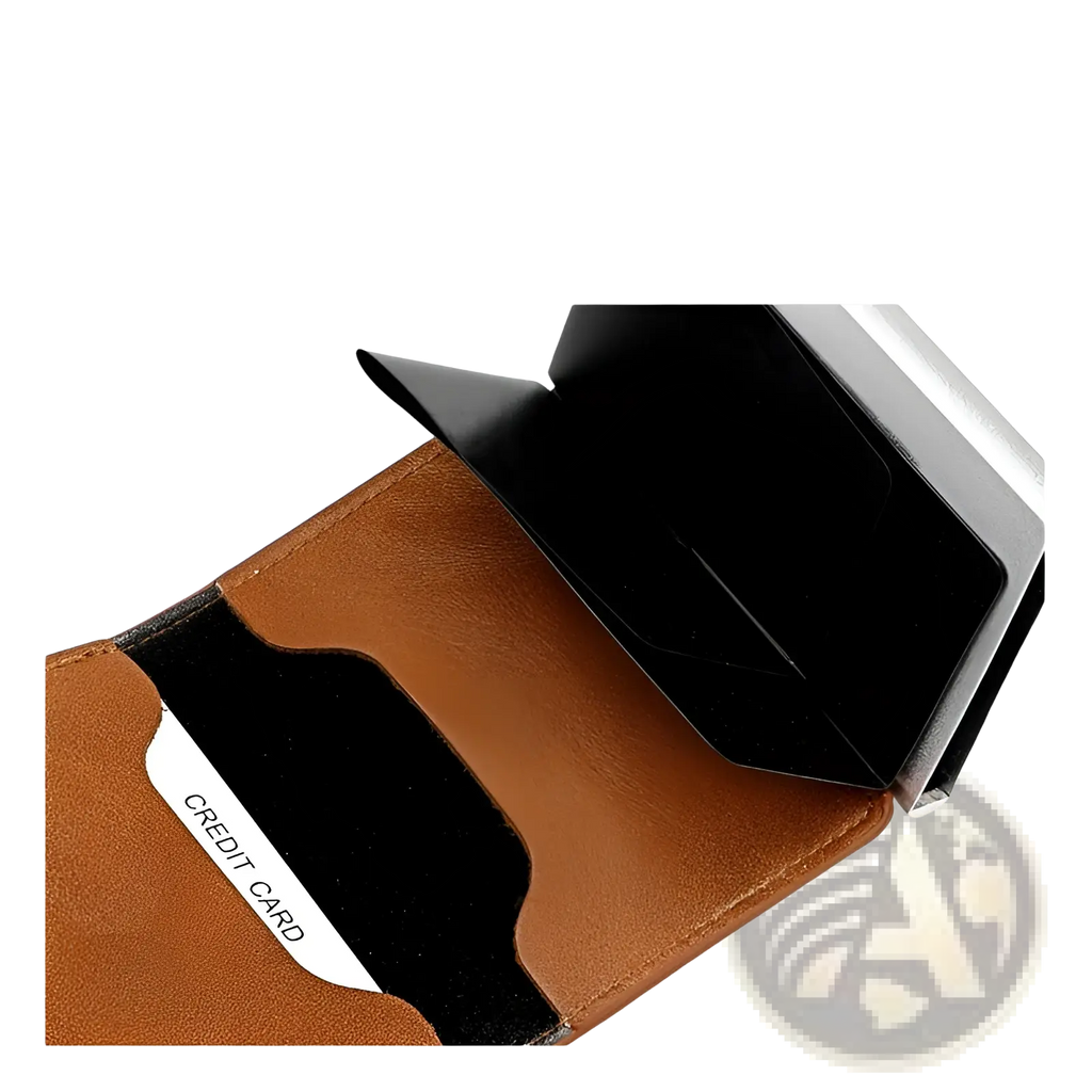 Men’s minimalist brown leather RFID wallet with hasp closure featuring sleek silver metal insert and black card slots interior