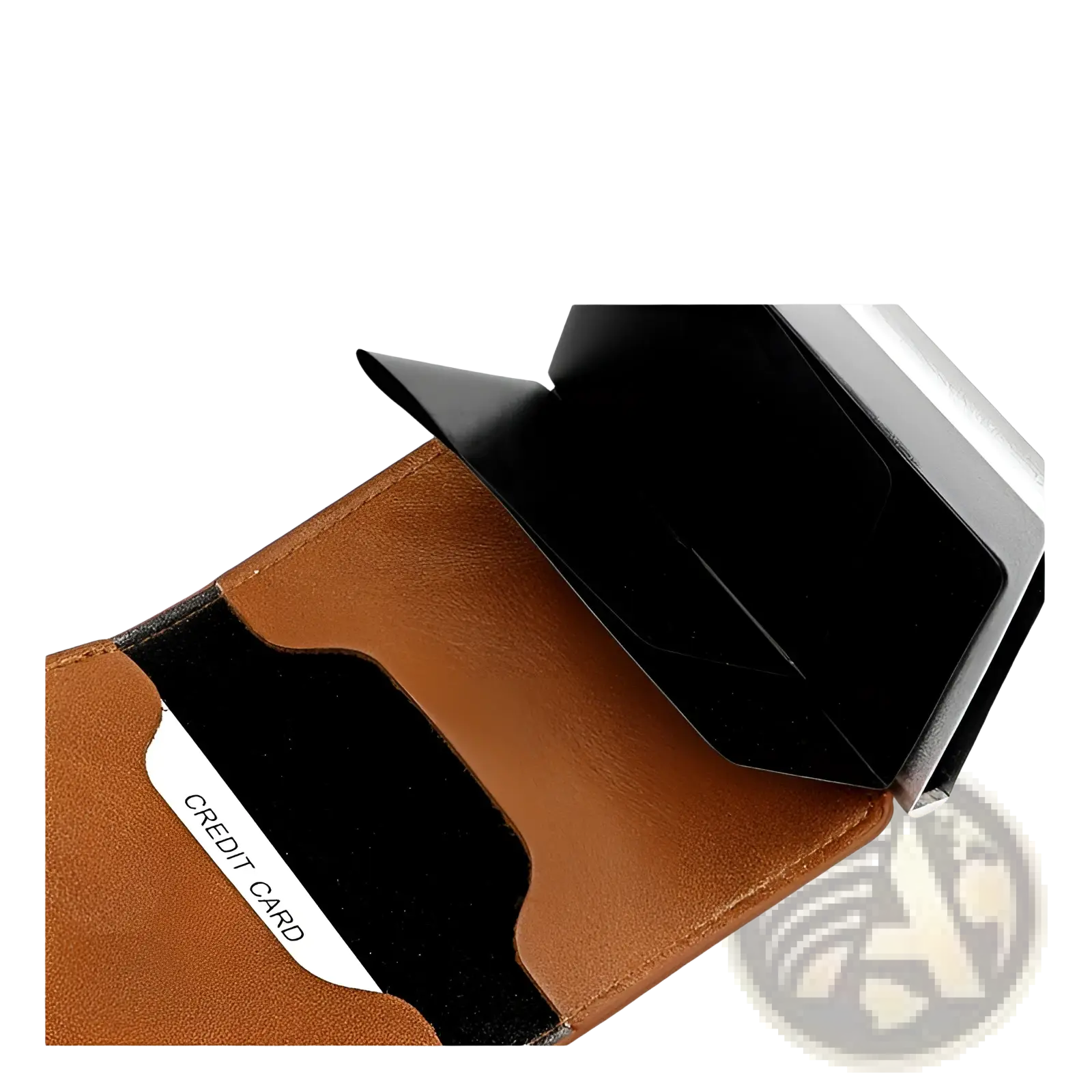 Men’s minimalist brown leather RFID wallet with hasp closure featuring sleek silver metal insert and black card slots interior