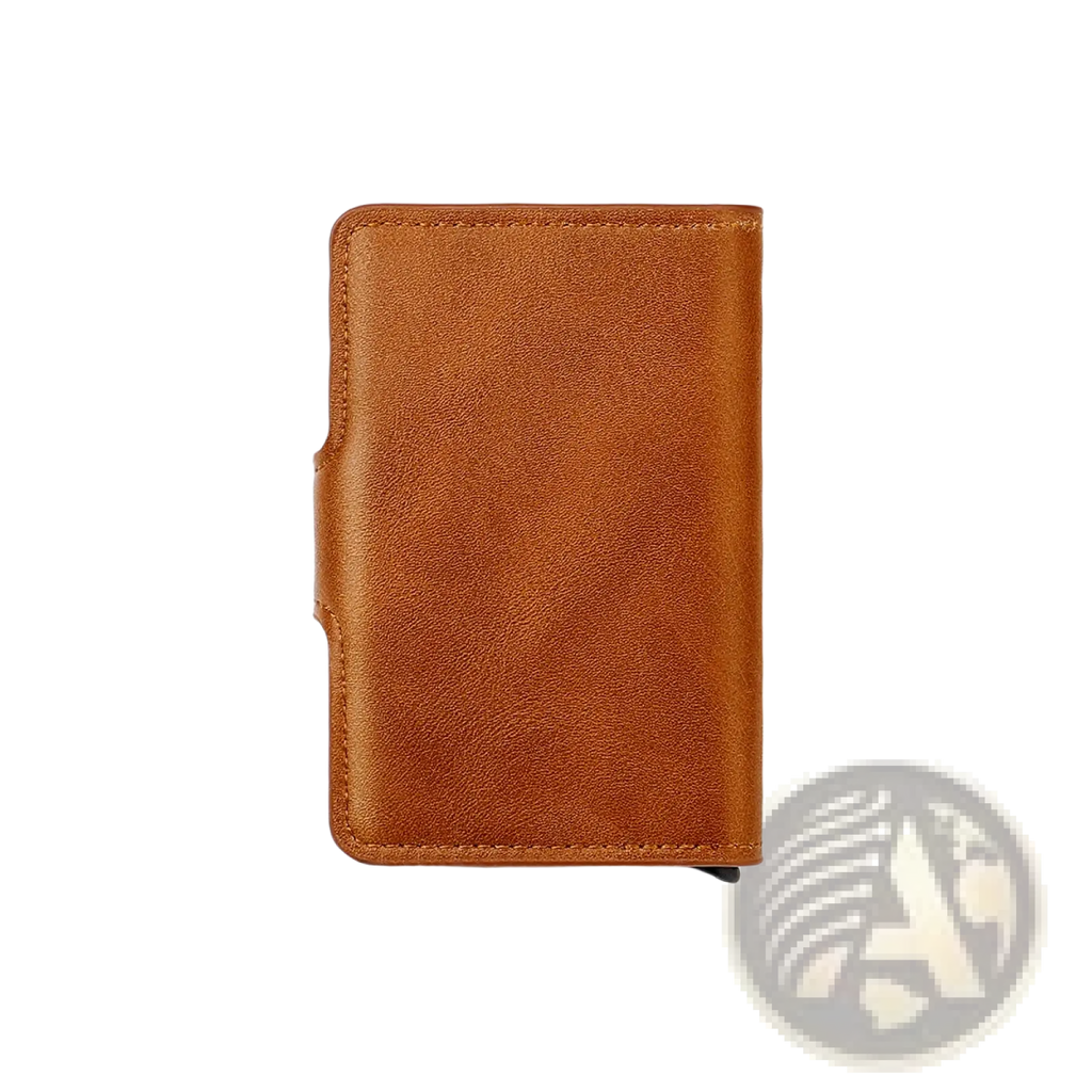 Men’s minimalist brown leather RFID wallet with hasp closure featuring tan leather and precise edge stitching