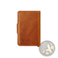 Men’s minimalist brown leather RFID wallet with hasp closure featuring tan leather and precise edge stitching