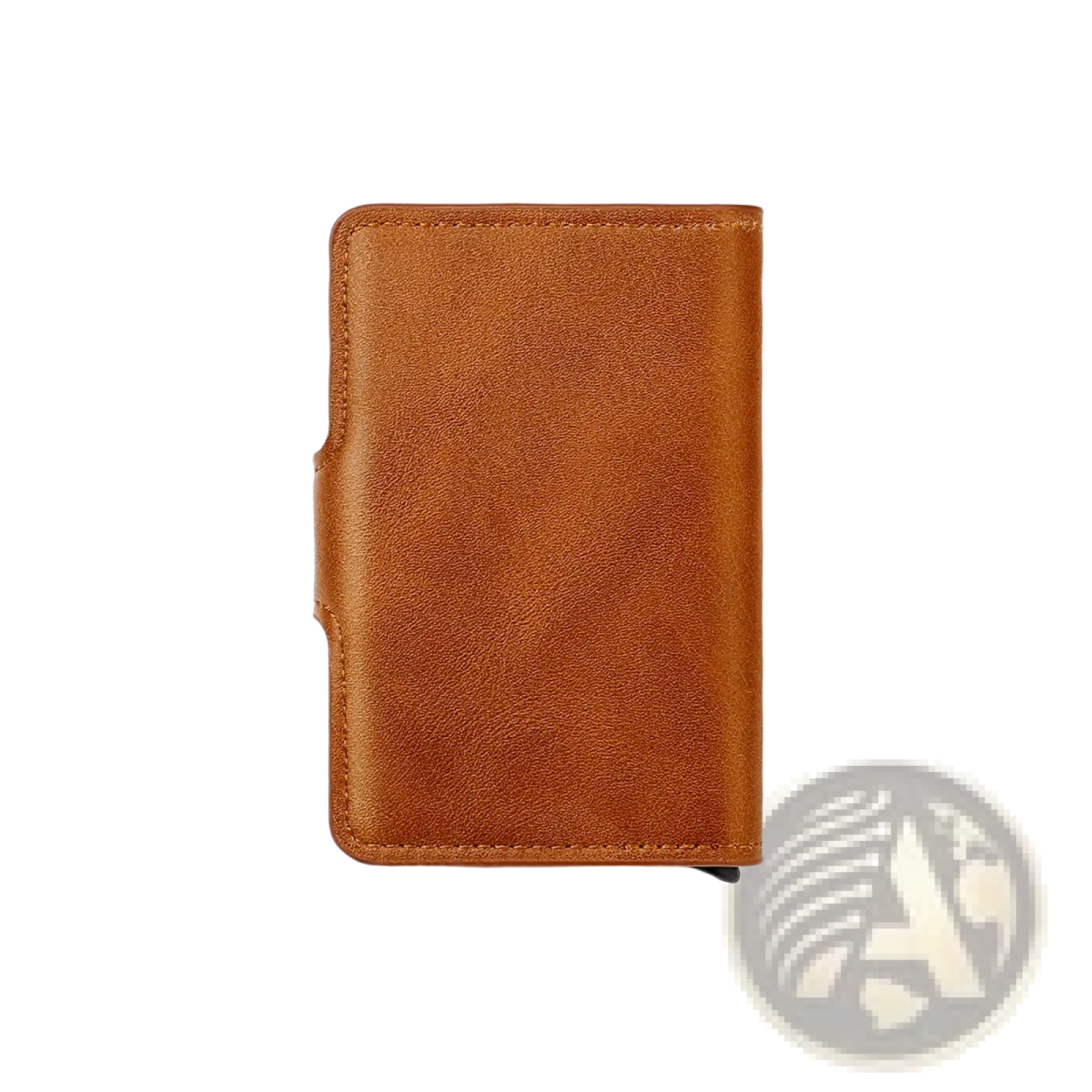 Men’s minimalist brown leather RFID wallet with hasp closure featuring tan leather and precise edge stitching