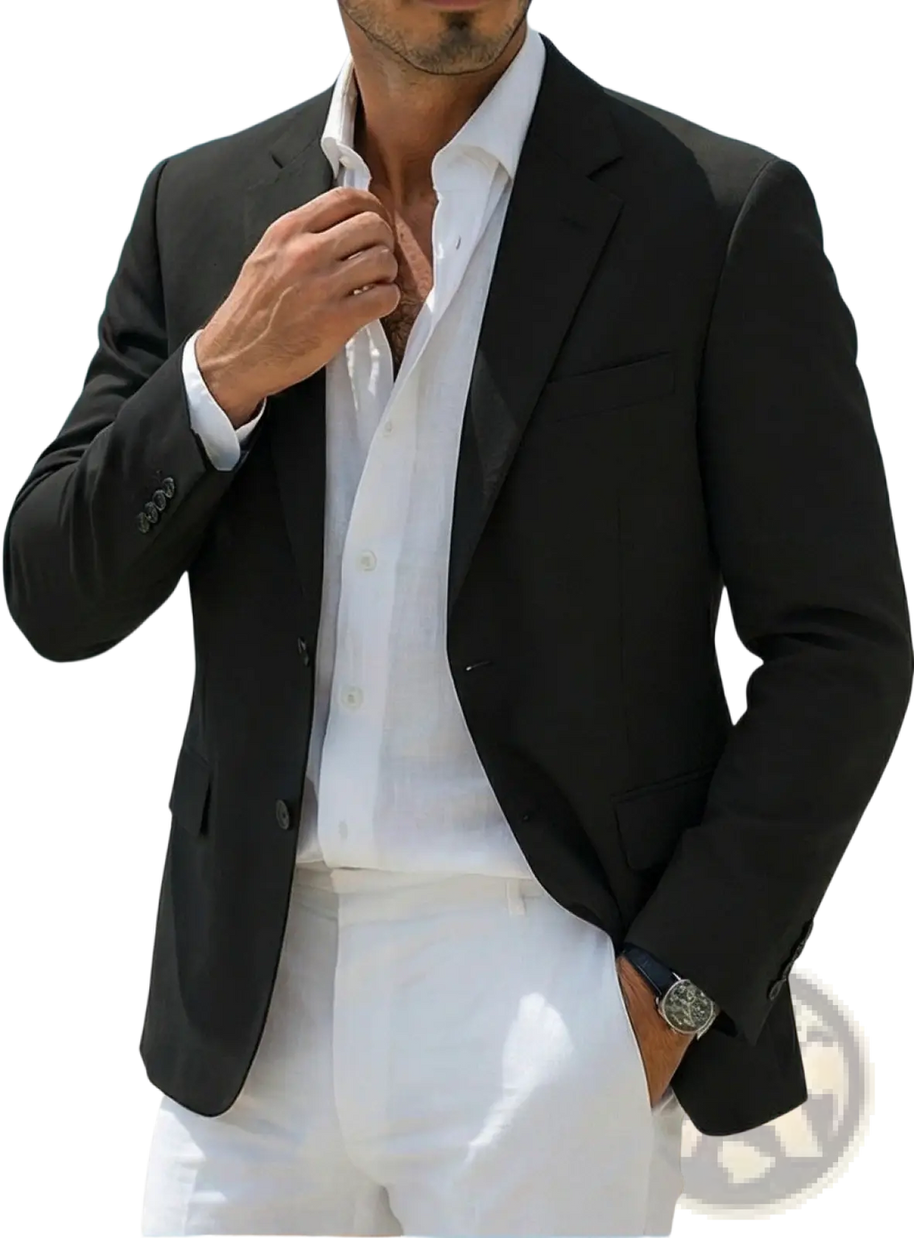Men’s minimalist casual black tailored blazer with notched lapels and two-button closure for formal and casual wear
