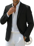 Men’s minimalist casual black tailored blazer with notched lapels and two-button closure for formal and casual wear
