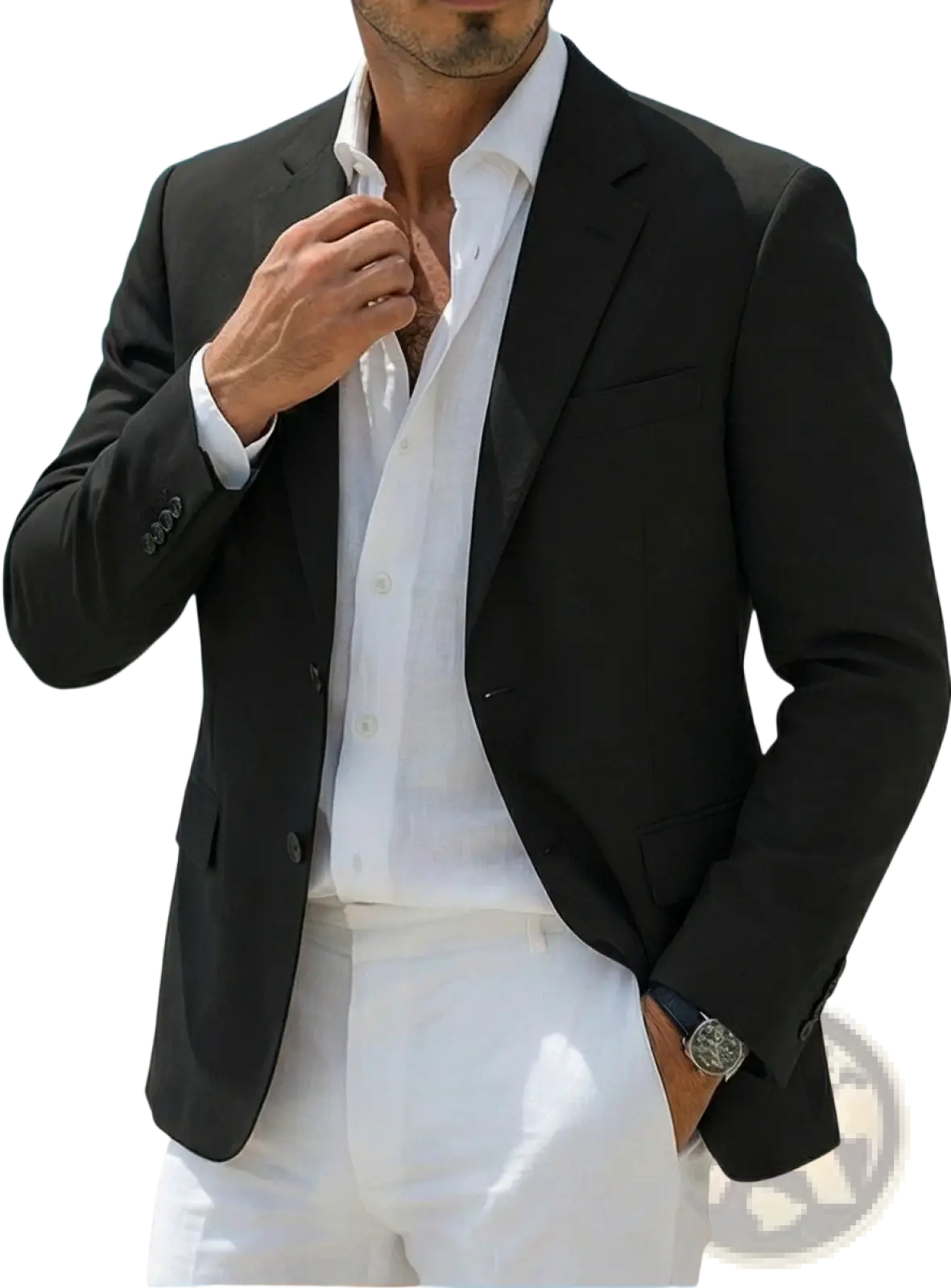 Men’s minimalist casual black tailored blazer with notched lapels and two-button closure for formal and casual wear