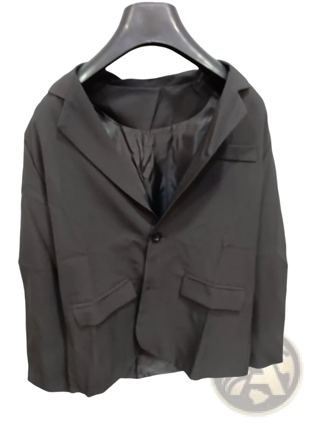 Men’s minimalist casual black blazer with single button closure and two front flap pockets hanging on dark hanger