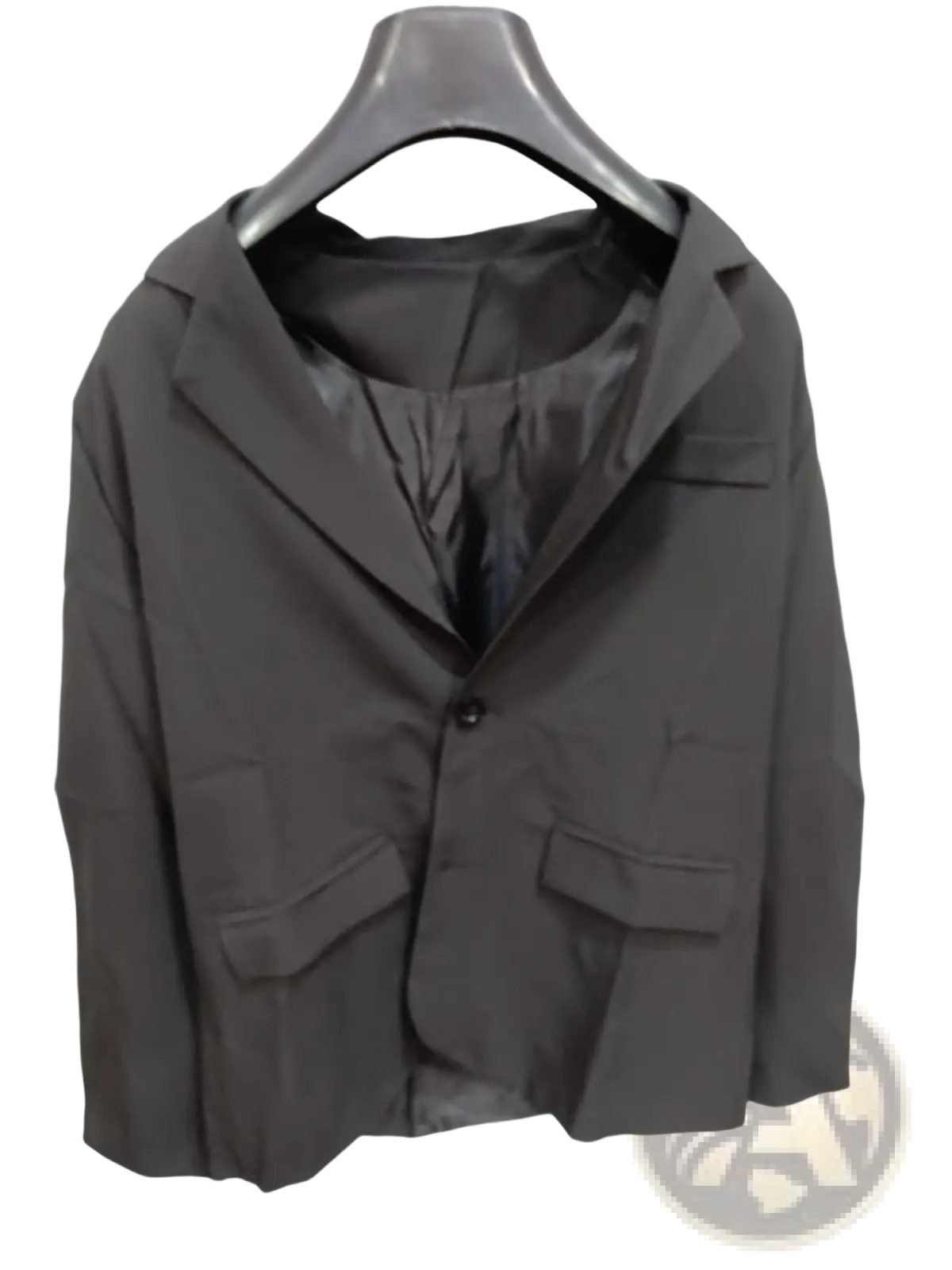 Men’s minimalist casual black blazer with single button closure and two front flap pockets hanging on dark hanger