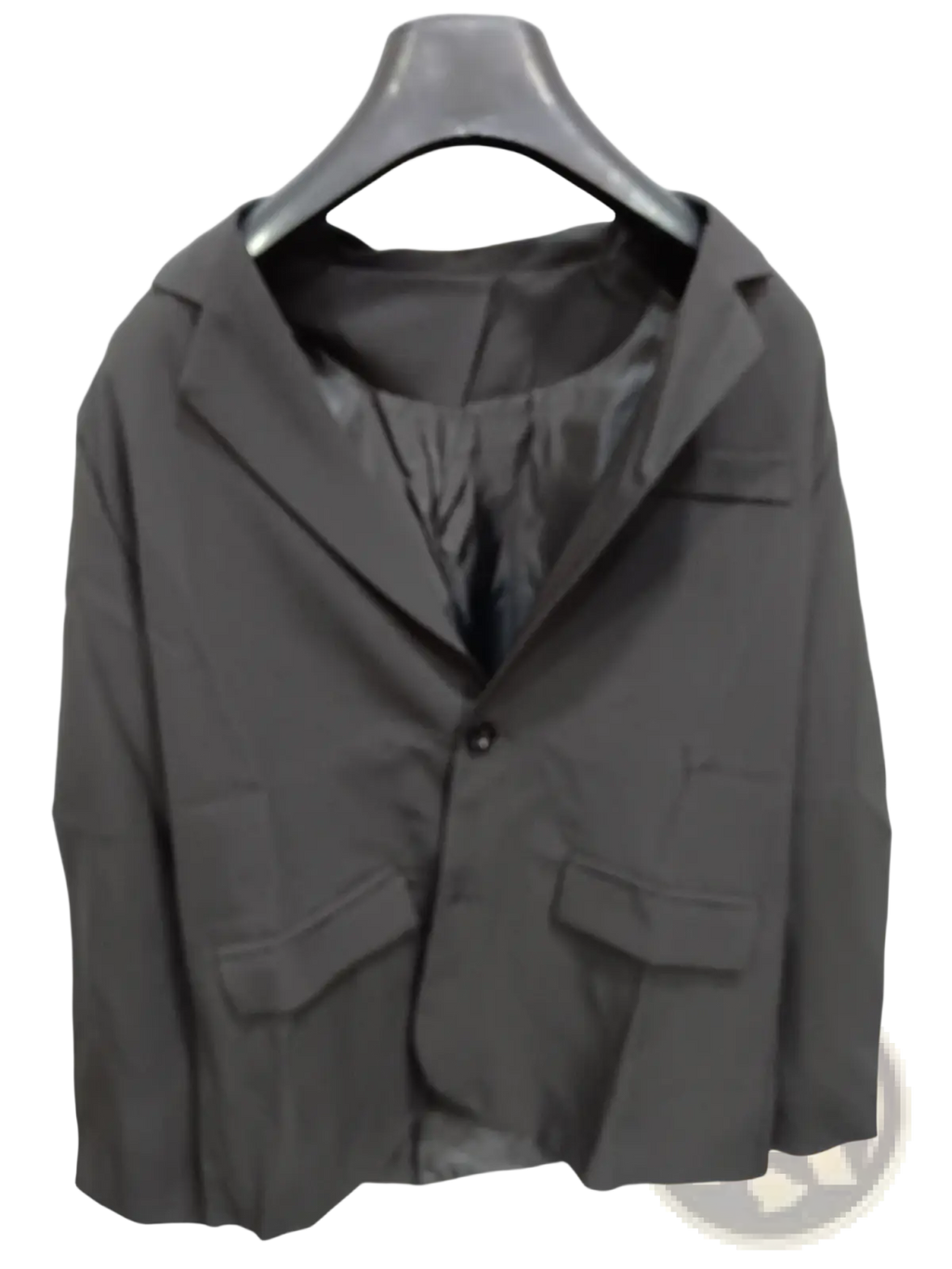 Men’s minimalist casual black blazer with structured collar, two front pockets, and single button closure