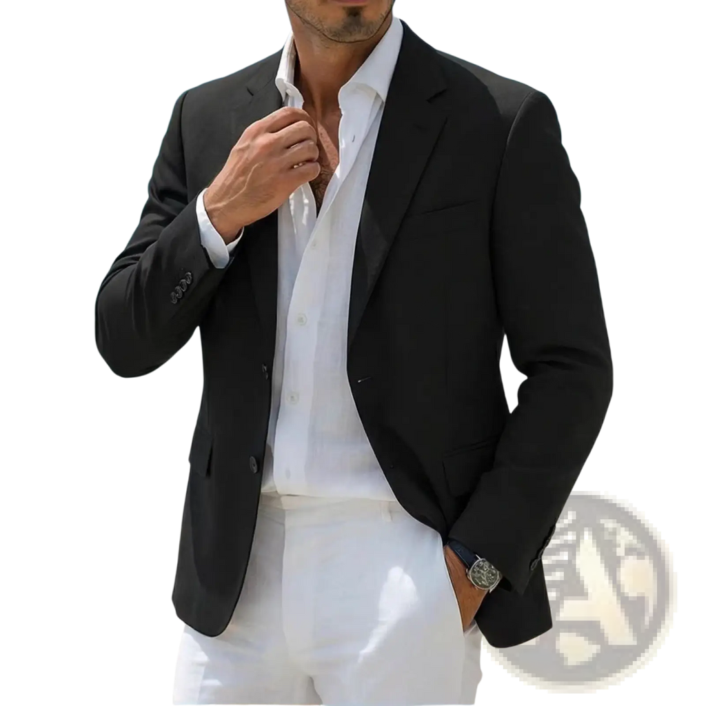 Men’s minimalist casual blazer black tailored with notched lapels single-breasted worn over white shirt
