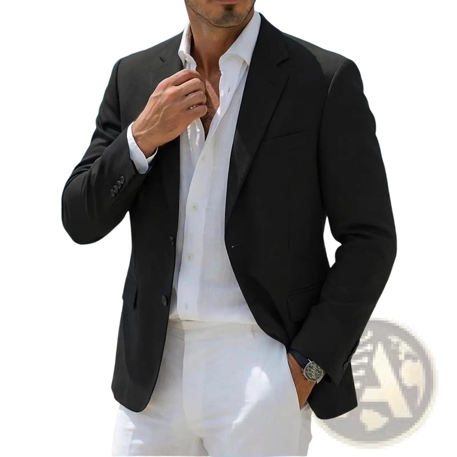 Men’s minimalist casual blazer black tailored with notched lapels single-breasted worn over white shirt
