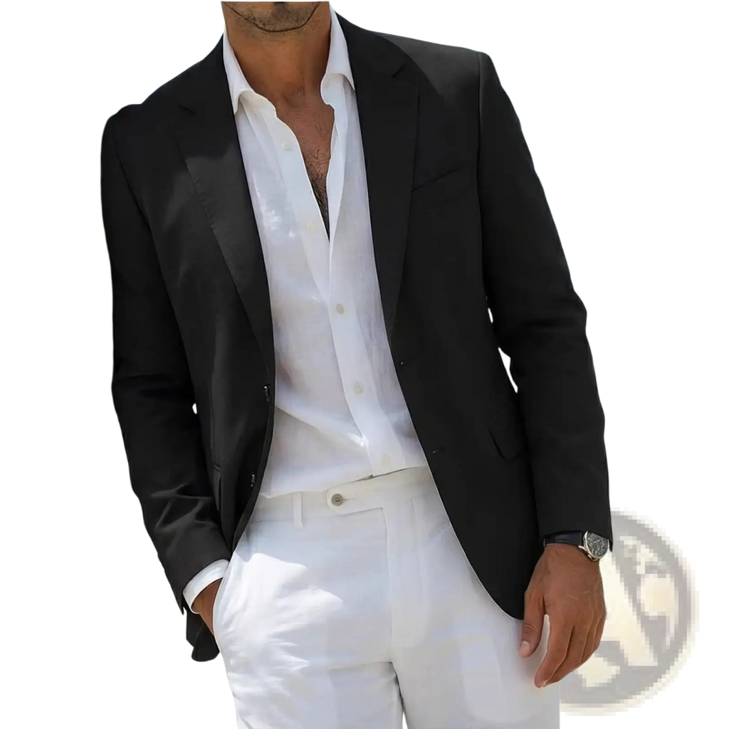 Mens minimalist casual blazer in black with notched lapels and single-breasted tailored design
