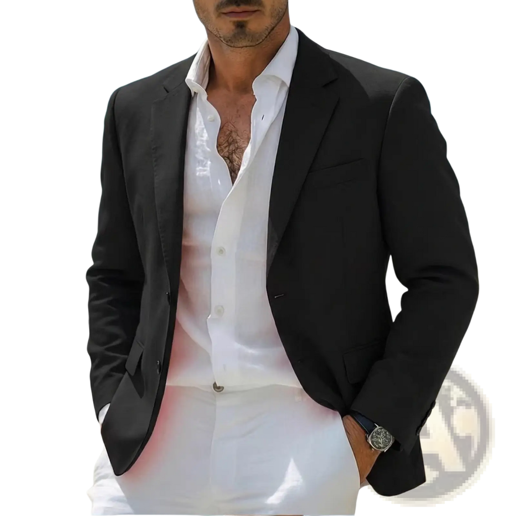 Men’s minimalist casual blazer in black tailored fabric with notched lapels and single-breasted design