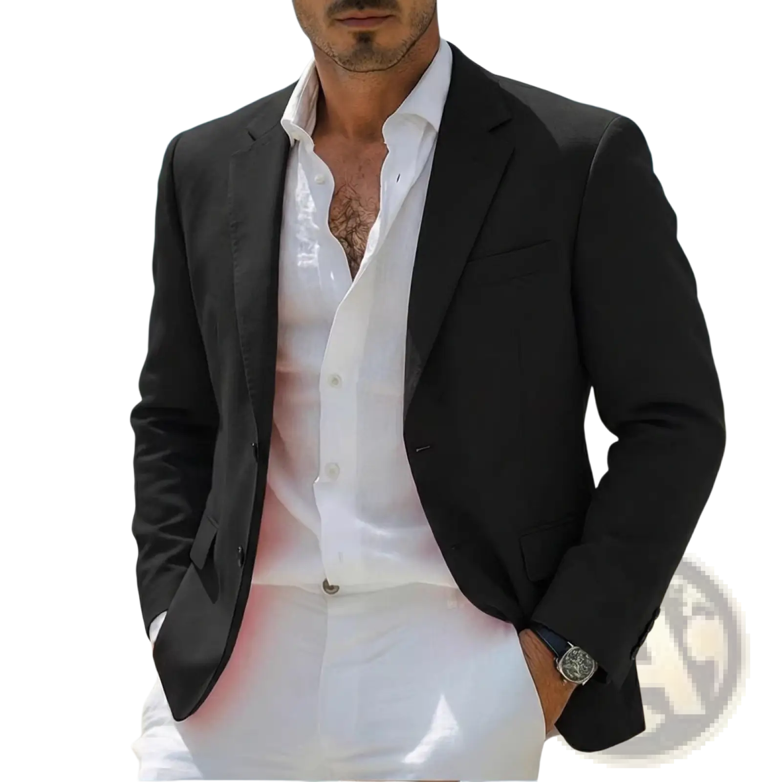 Men’s minimalist casual blazer in black tailored fabric with notched lapels and single-breasted design