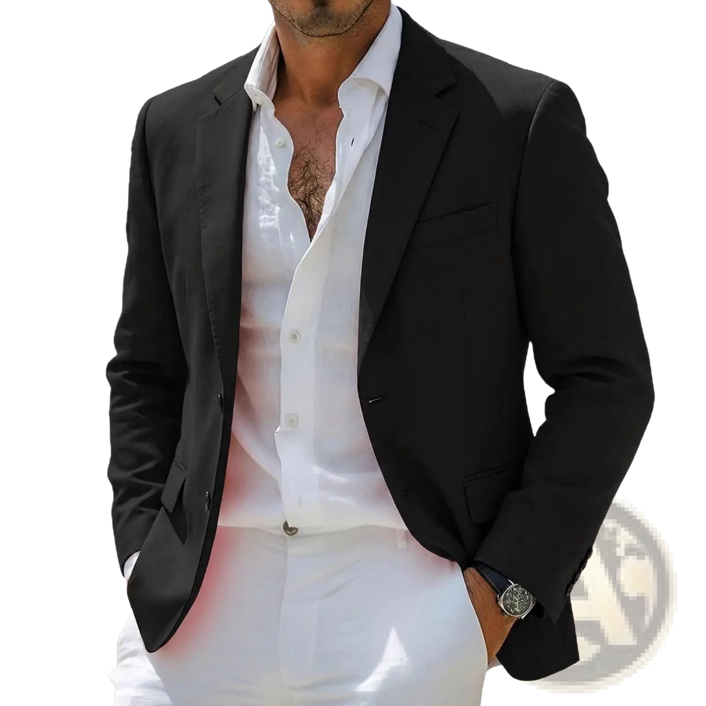 Men’s minimalist casual blazer black tailored with notched lapels and two flap pockets worn over white shirt
