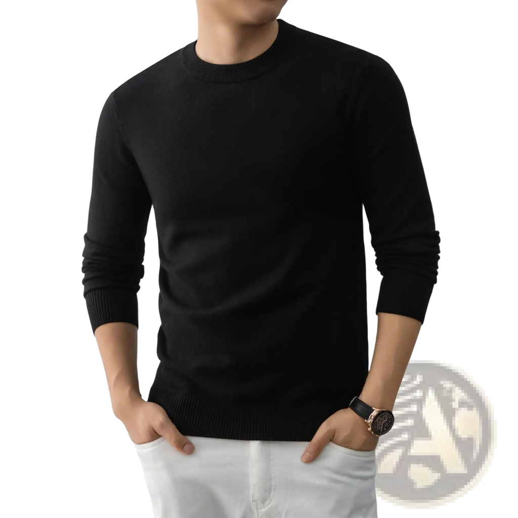 Mens minimalist crewneck knit sweater in black with ribbed cuffs and hem for a sleek, casual look