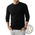 Mens minimalist crewneck knit sweater in black with ribbed cuffs and hem for a sleek, casual look
