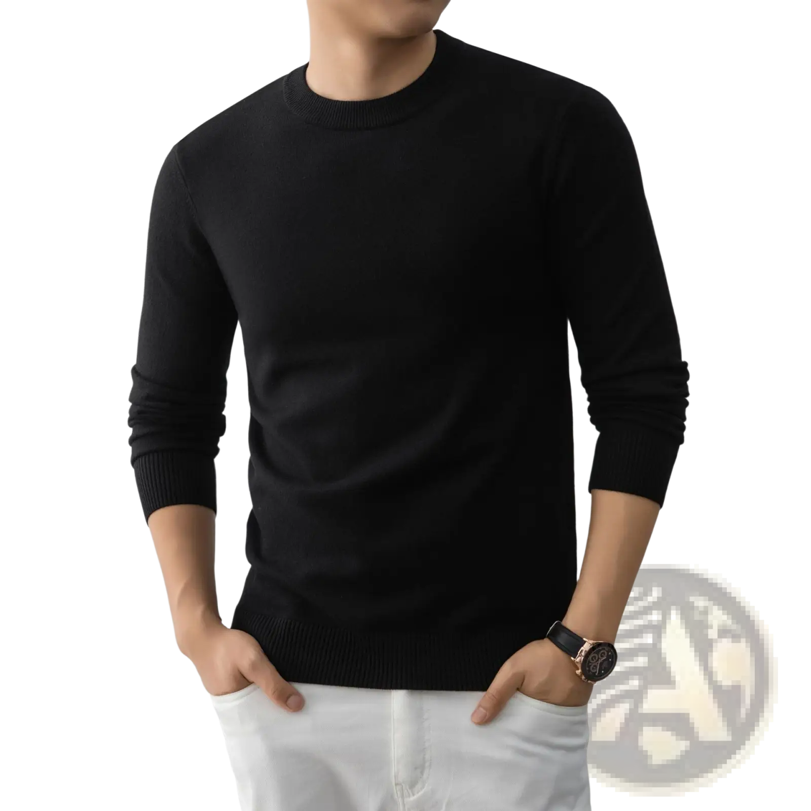 Mens minimalist crewneck knit sweater in black with ribbed cuffs and hem for a sleek, casual look