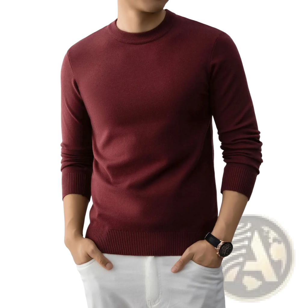 Mens minimalist crewneck knit sweater in maroon with ribbed cuffs and hem made of soft knit fabric