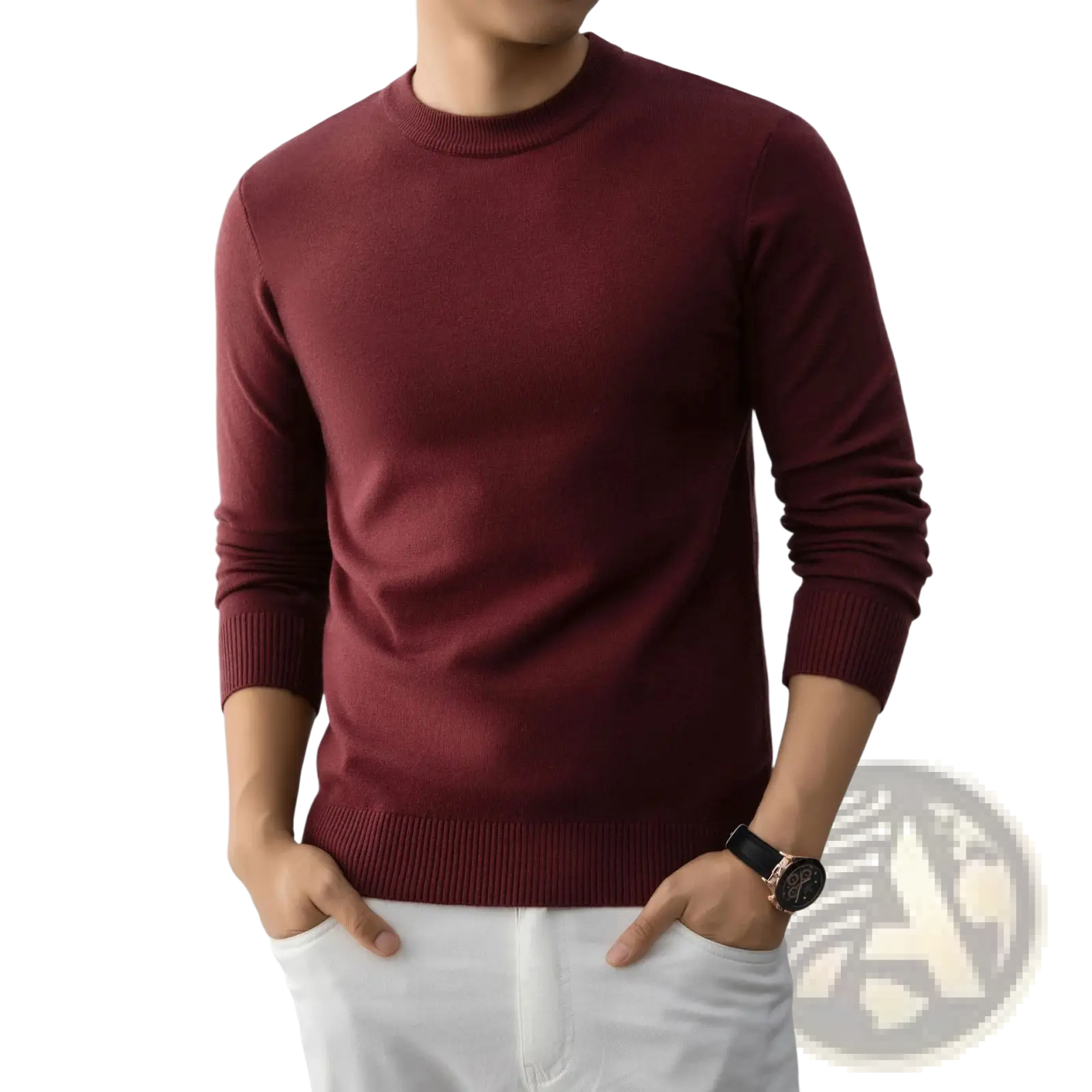 Mens minimalist crewneck knit sweater in maroon with ribbed cuffs and hem made of soft knit fabric