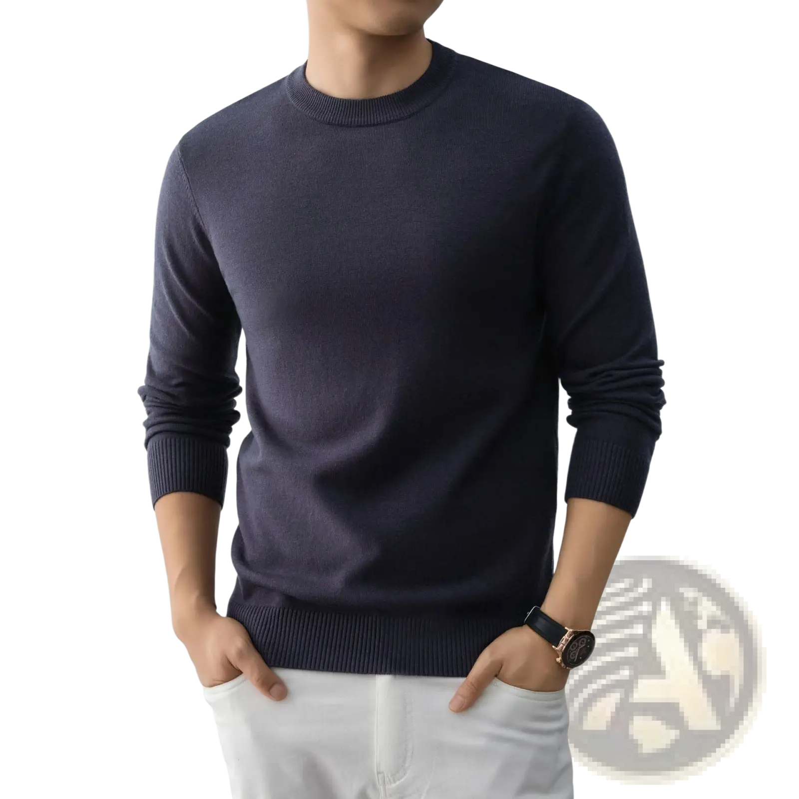 A navy blue minimalist crewneck knit sweater with ribbed cuffs and hem for mens casual wear