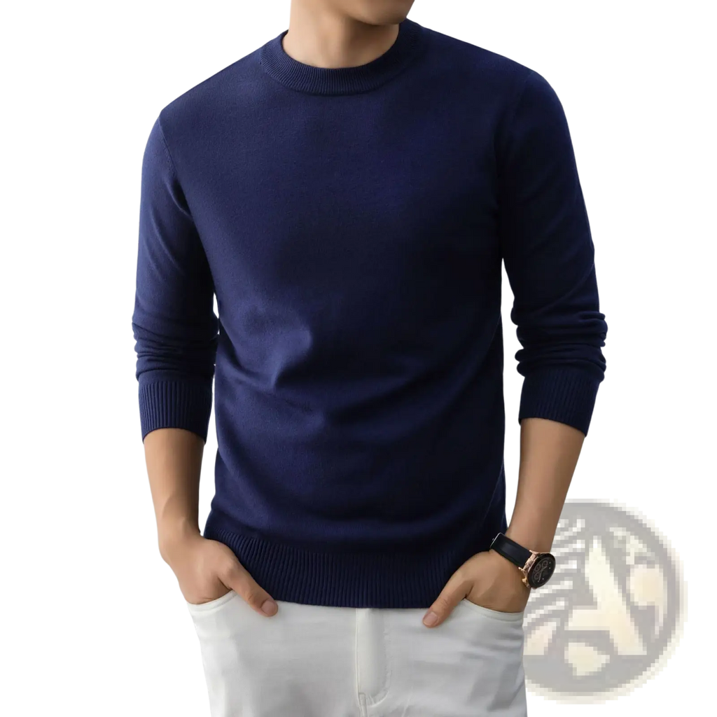 Navy blue mens minimalist crewneck knit sweater with ribbed cuffs and hem for casual and smart casual wear