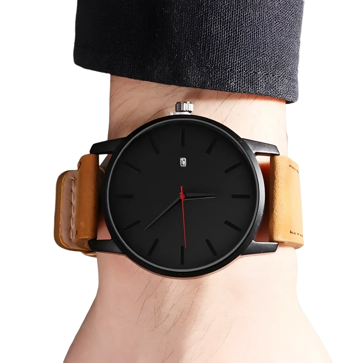 Mens minimalist leather quartz watch with matte black dial, stick markers, red second hand, and tan stitched straps
