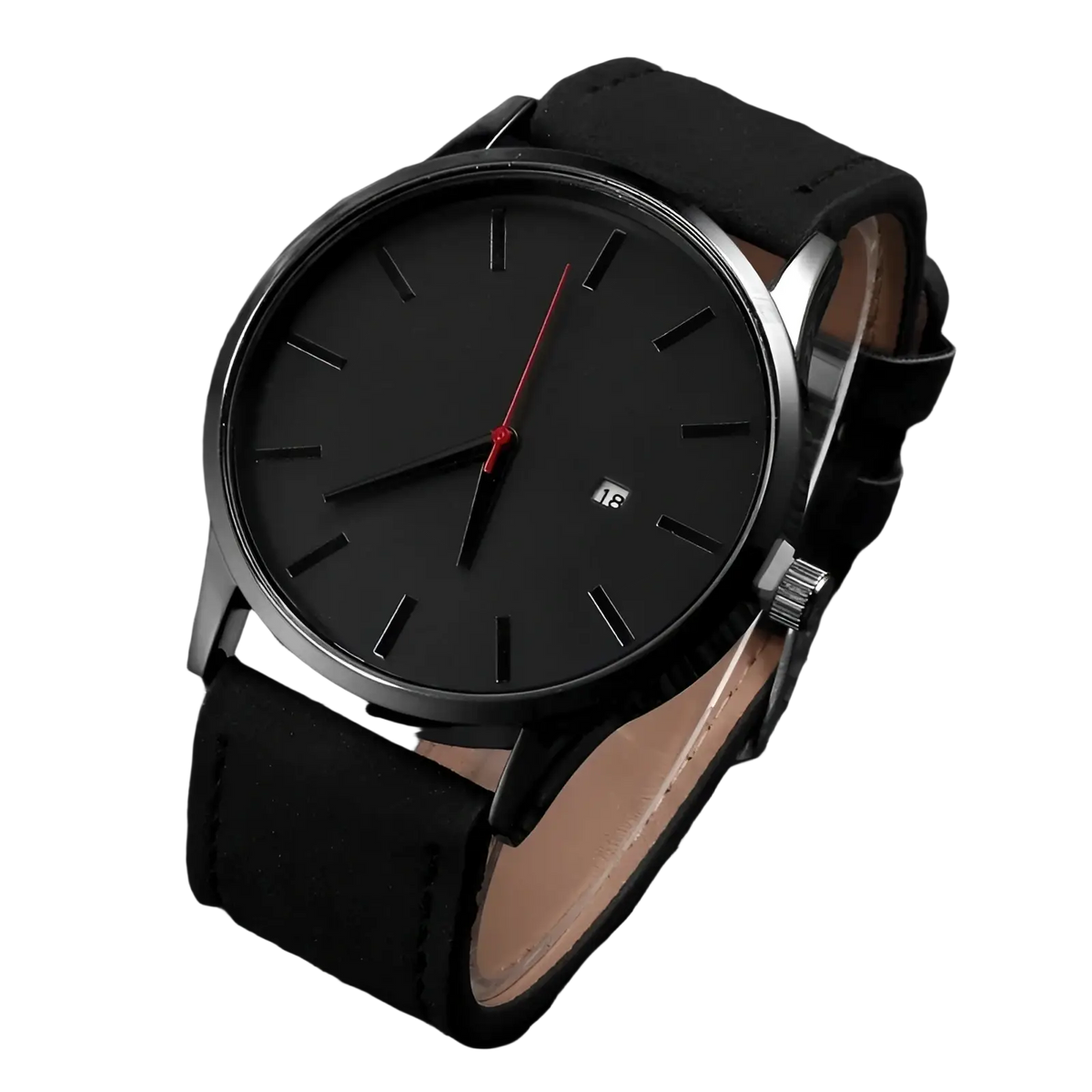 Mens minimalist leather quartz watch with a black leather strap, sleek metallic case, and red second hand accent