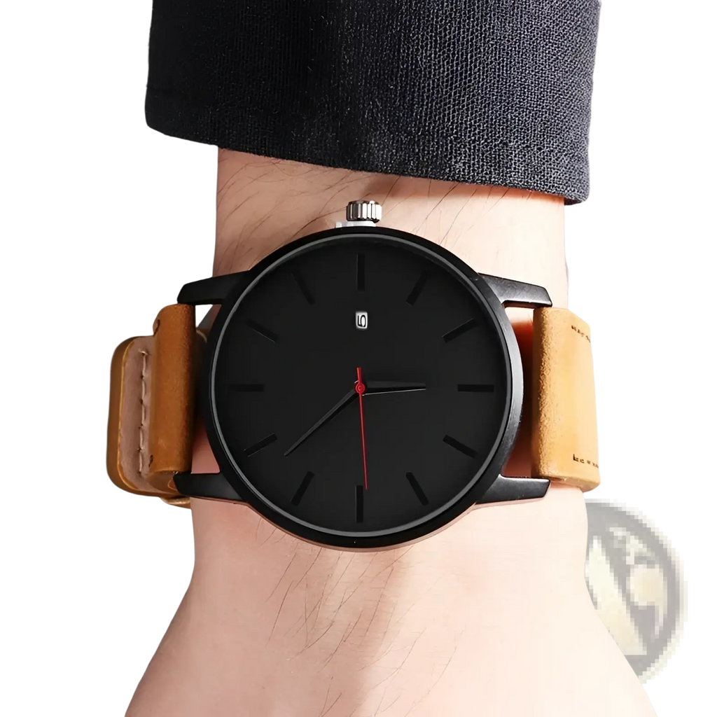 Mens minimalist leather quartz watch with matte black dial, stick markers, red second hand, and tan stitched straps