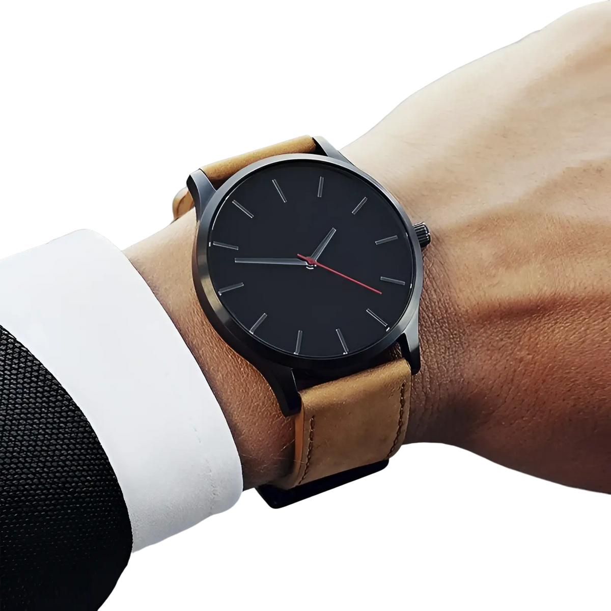 Mens minimalist leather quartz watch featuring a black dial silver-toned case and tan leather strap