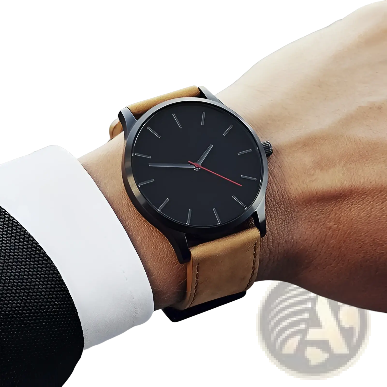 Mens minimalist leather quartz watch featuring a black dial silver-toned case and tan leather strap