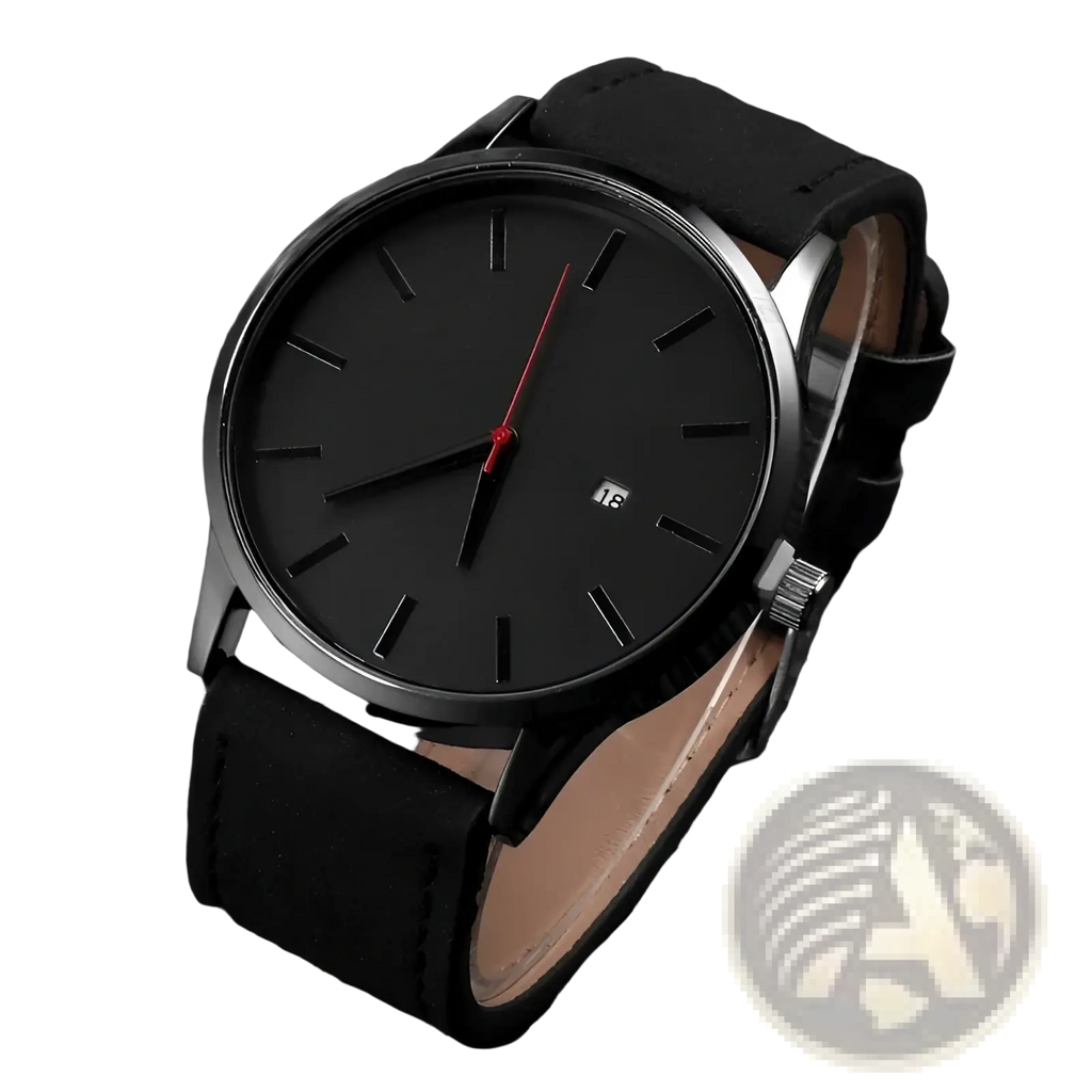 Mens minimalist leather quartz watch with a black leather strap, sleek metallic case, and red second hand accent