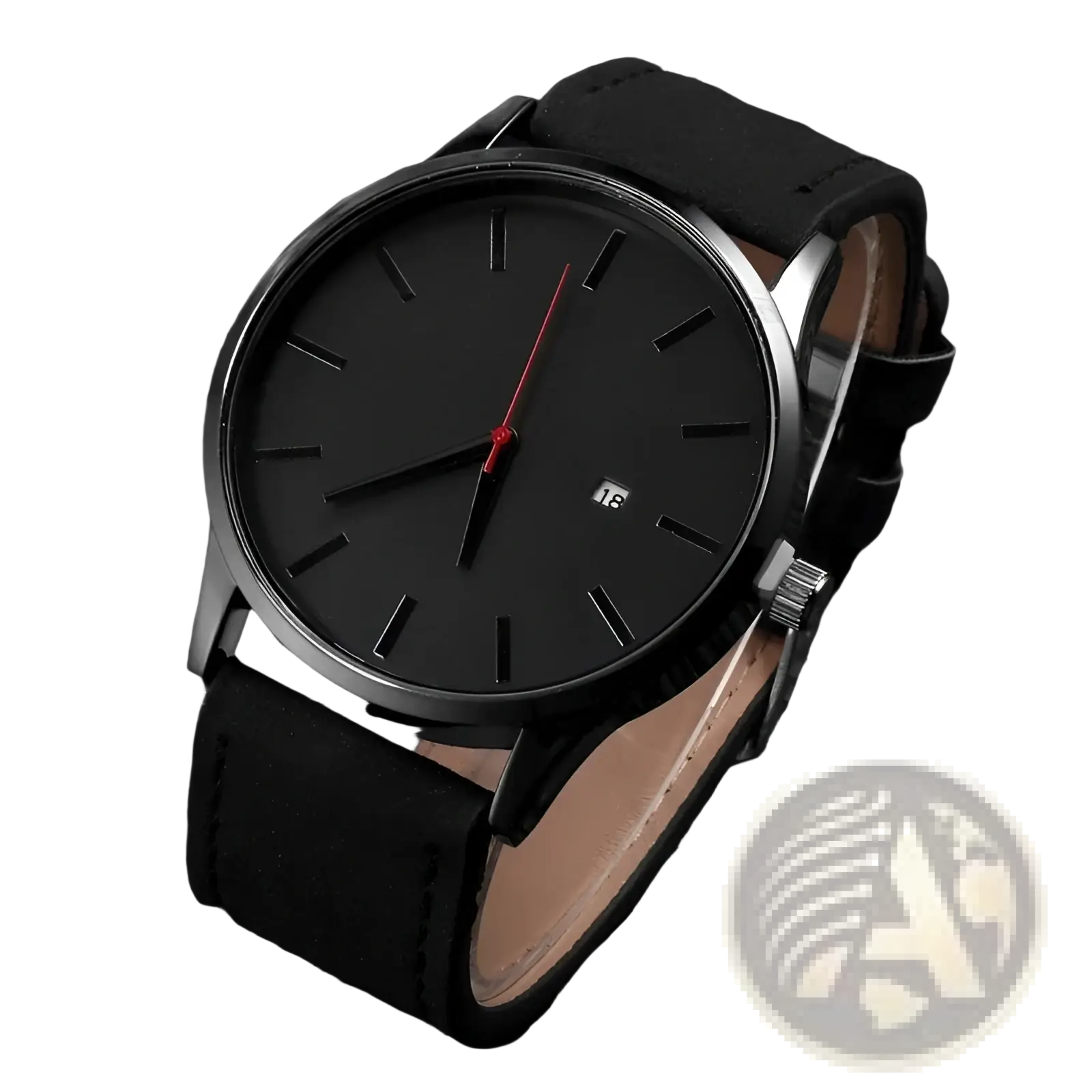 Mens minimalist leather quartz watch with a black leather strap, sleek metallic case, and red second hand accent