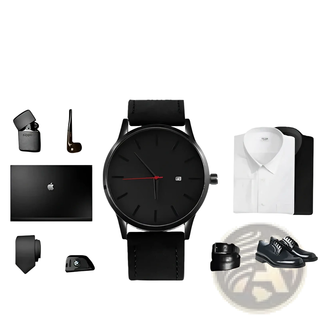 Mens minimalist leather quartz watch with black dial, black leather strap, and red second hand for elegant timekeeping