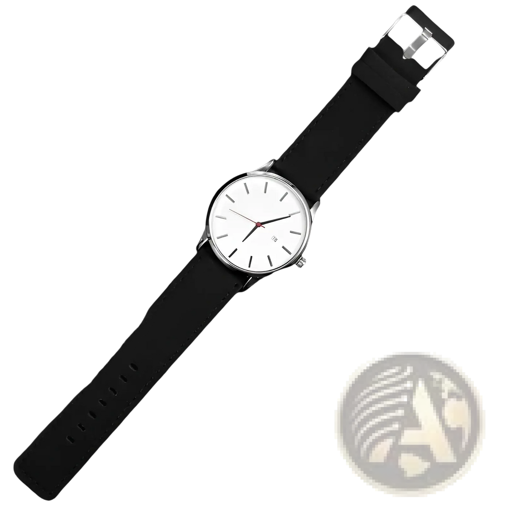 Mens minimalist leather quartz watch with black leather strap white minimalist dial and silver case front view