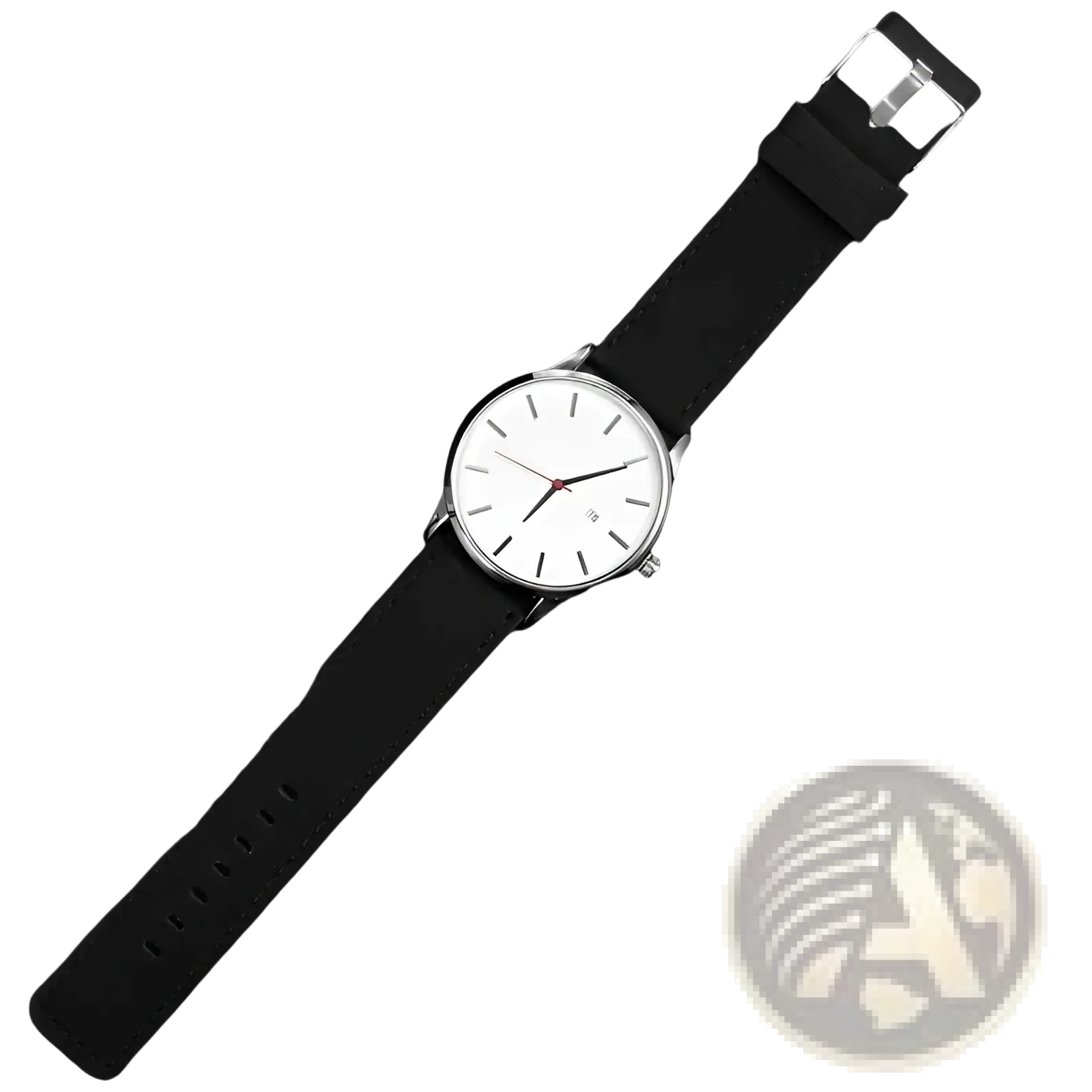 Mens minimalist leather quartz watch with black leather strap white minimalist dial and silver case front view