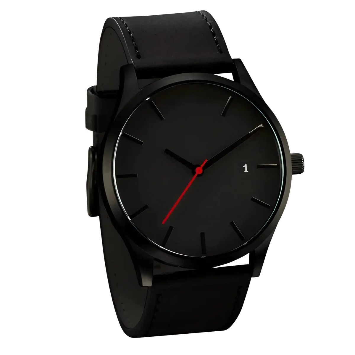 Mens minimalist leather quartz watch with black leather strap, black dial, red second hand, and number 1 at 3 o’clock position
