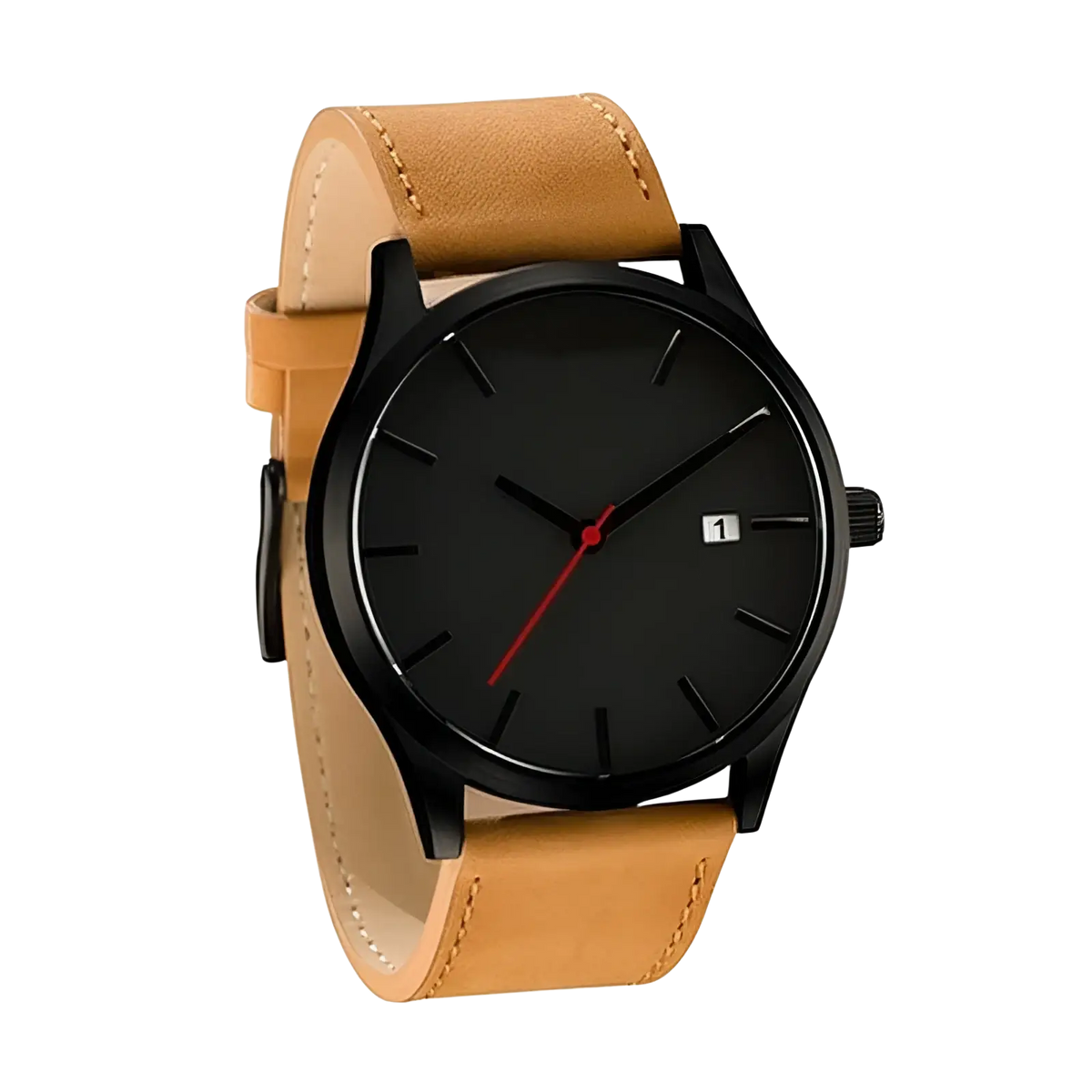 Mens minimalist leather quartz watch featuring a black dial, tan leather strap, and red second hand