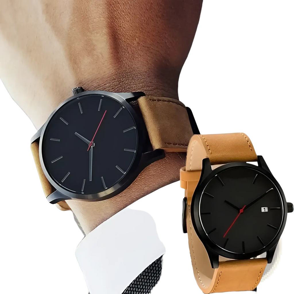 Mens minimalist leather quartz watches with black faces tan leather straps and red second hands in a sleek design