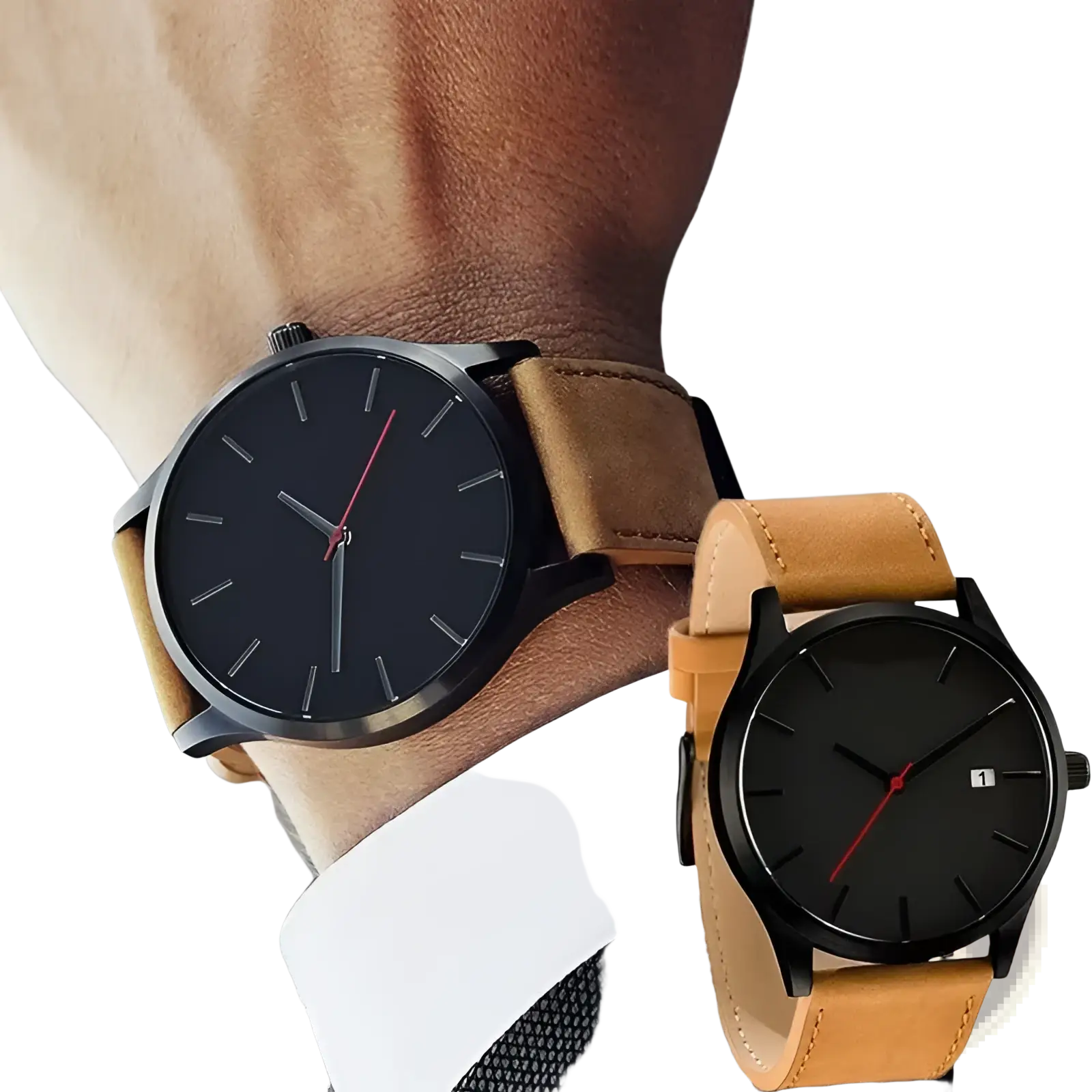 Mens minimalist leather quartz watches with black faces tan leather straps and red second hands in a sleek design