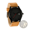 Mens minimalist leather quartz watch featuring a black dial, tan leather strap, and red second hand